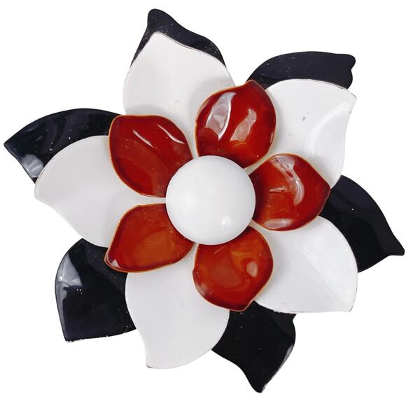 Vintage Mid Century Brooch Enameled Metal Flower Black White Amber Red Pin - Picture 1 of 9